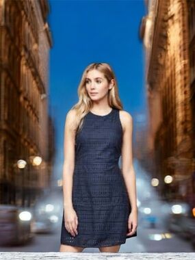 Gap Women Navy 100% Cotton Sleeveless A Line Eyelet Lace Fit & Flare MIDI Dress